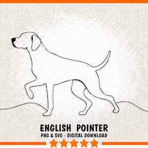 May include: Line art illustration of an English Pointer dog. The dog is depicted in a running pose with its tail raised.
