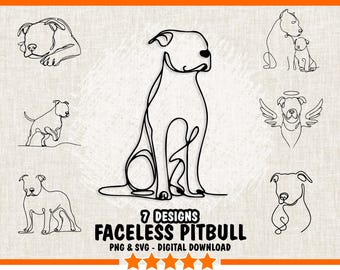 Faceless PitBull Dog Bundle – 7 Minimalist Line PNG & SVG Drawing, Pit-Bull Puppy Outline Contour Design, Portrait Line - Commercial Use.