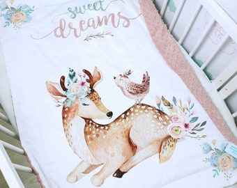 Floral Deer Minky Baby Blanket: Personalized Boho Nursery Bedding