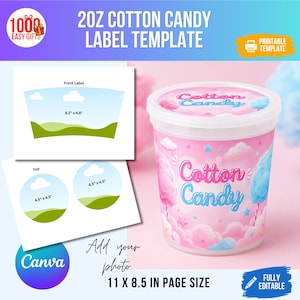 May include: A 20oz cotton candy label template featuring a clear plastic tub with pink and blue cotton candy graphics. The digital file includes a 9.2 by 4.8 inch front label and 4.5 inch circular top labels on an 11 by 8.5 inch page.