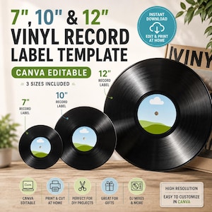 May include: A digital template for 7-inch, 10-inch, and 12-inch vinyl record labels. The image displays three black vinyl records with customizable center labels featuring a blue sky, white cloud, and green hill graphic design.
