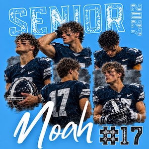 May include: A collage of a football player wearing a dark blue jersey with the number 17, featuring the text SENIOR 2027 and Noah #17 against a light blue background. The player is shown in various poses, some holding a football helmet.