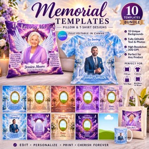 Puede incluir: Un paquete digital de 10 plantillas conmemorativas para almohadas y camisetas, con diseños personalizables que incluyen nubes, palomas y arcos florales. Incluye ejemplos de una almohada morada y una camiseta azul con retratos.
