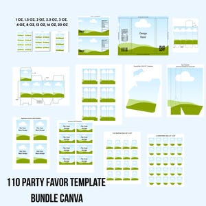 Pu&ograve; includere: Un pacchetto digitale di 110 modelli per bomboniere per Canva con un design di cielo blu, nuvole bianche e colline verdi. Include vari layout per bustine, scatole ed etichette in dimensioni che vanno da 1 oz a 20 oz per progetti personalizzati.