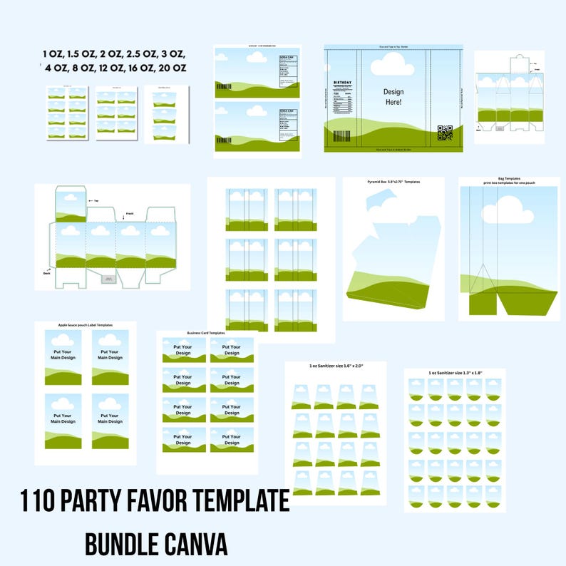 Pu&ograve; includere: Un pacchetto digitale di 110 modelli per bomboniere per Canva con un design di cielo blu, nuvole bianche e colline verdi. Include vari layout per bustine, scatole ed etichette in dimensioni che vanno da 1 oz a 20 oz per progetti personalizzati.