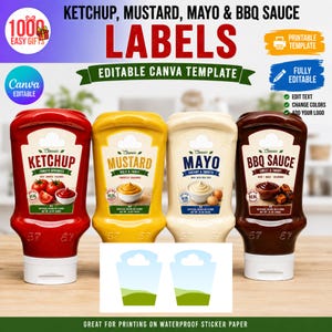 May include: Four condiment squeeze bottles labelled Ketchup, Mustard, Mayo, and BBQ Sauce. The labels feature text, graphics of the sauces, and a cloud-shaped top. Below the bottles are two blank label templates with a green base and cloud top.