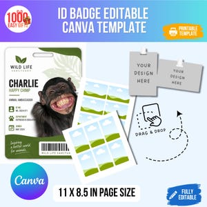 Peut inclure: Un modèle de badge d'identification modifiable sur Canva avec un graphique de chimpanzé, des champs de texte pour le nom et le titre, un code-barres et des espaces réservés pour les photos. La mise en page inclut des instructions de glisser-déposer.