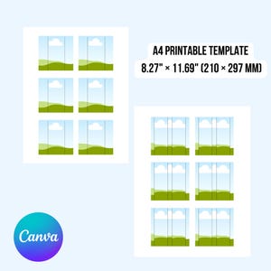 May include: A digital A4 printable template measuring 8.27 inches by 11.69 inches, featuring two white sheets each containing six rectangular graphic panels. Each panel displays a blue sky with a white cloud above a green landscape.