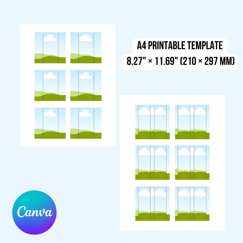 May include: A digital A4 printable template measuring 8.27 inches by 11.69 inches, featuring two white sheets each containing six rectangular graphic panels. Each panel displays a blue sky with a white cloud above a green landscape.