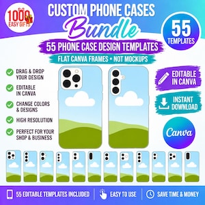 May include: A digital bundle of 55 custom phone case design templates featuring flat Canva frames. The graphic displays two phone case examples with a blue sky and green hill landscape design, alongside text indicating editable Canva files.