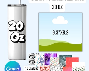 Modello Canva per bicchiere termico sottile da 20 oz, pacchetto di etichette per bicchieri termici modificabili, modello per sublimazione da 9,3 x 8,2 pollici, mockup di design per bicchieri termici.
