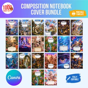 May include: A digital bundle of printable composition notebook covers featuring various colorful fantasy, animal, and space-themed illustrations. Each cover includes a white rectangular label with the text Composition Notebook for writing names.