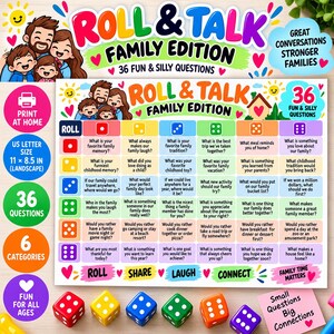Puede incluir: Una hoja de juego Roll & Talk Family Edition con 36 preguntas divertidas organizadas por tiradas de dados. La tabla colorida incluye seis categorías, una ilustración familiar y seis dados en colores rojo, amarillo, azul, verde, naranja y morado.