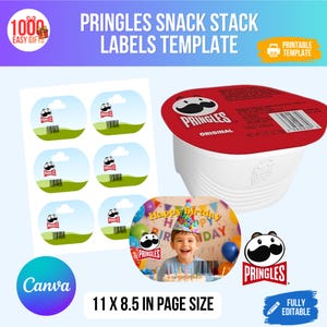 May include: A digital template for Pringles snack stack labels, featuring six oval designs with a Pringles logo, a white cup with a red lid, and a circular sample label showing a child at a birthday party. The page size is 11 by 8.5 inches.