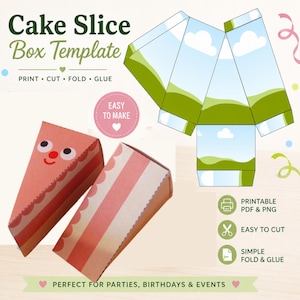 Op de afbeelding: Een digitale taartpunt doos sjabloon met de tekst Cake Slice Box Template, Print, Cut, Fold, Glue, Easy to Make, Printable PDF & PNG, Easy to Cut, Simple Fold & Glue, en Perfect for Parties, Birthdays & Events.