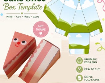 May include: A cake slice box template featuring text that reads Cake Slice Box Template, Print, Cut, Fold, Glue, Easy to Make, Printable PDF & PNG, Easy to Cut, Simple Fold & Glue, and Perfect for Parties, Birthdays & Events.