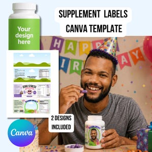 May include: A digital graphic displaying supplement label Canva templates with text reading SUPPLEMENT LABELS CANVA TEMPLATE and 2 DESIGNS INCLUDED. The image shows a white plastic bottle, three label design variations, and a person wearing a party hat.