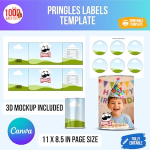May include: A Pringles labels template featuring a printable sheet with rectangular labels, circular cap labels, and a 3D mockup of a Pringles can. The design includes a blue sky, green hills, the Pringles logo, and nutrition information on an 11 x 8.5 inch page.