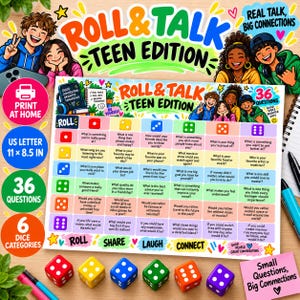 Puede incluir: Un tablero de juego Roll & Talk Teen Edition con una cuadrícula de 36 preguntas categorizadas por tiradas de dados. El tablero incluye ilustraciones coloridas de adolescentes, iconos de dados y el texto Roll & Talk Teen Edition. Se incluyen seis dados.