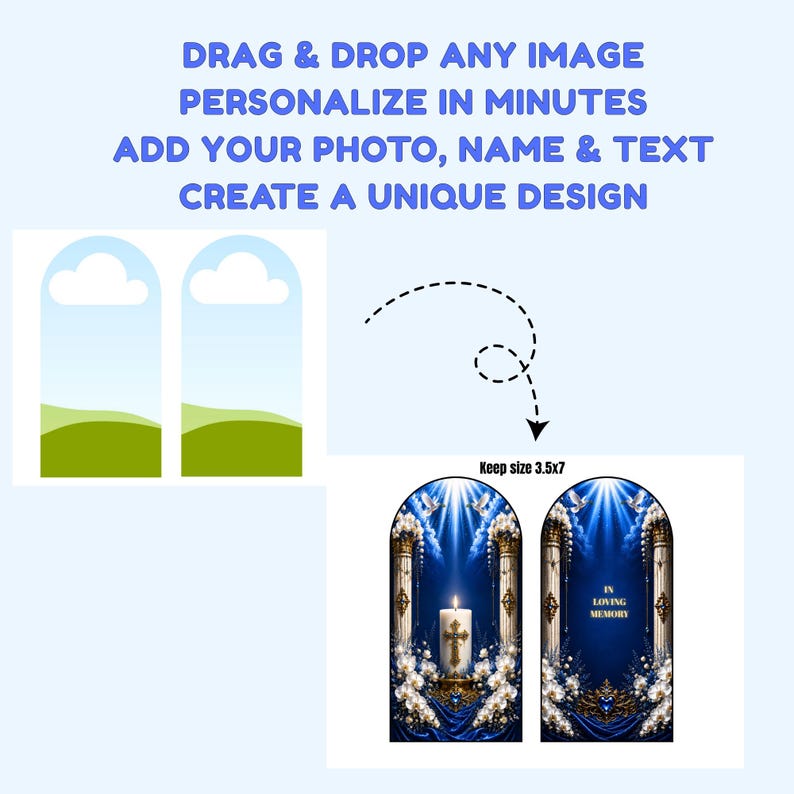 Puede incluir: Una plantilla digital para etiqueta de vela conmemorativa con dos dise&ntilde;os arqueados. El texto dice: DRAG & DROP ANY IMAGE PERSONALIZE IN MINUTES ADD YOUR PHOTO, NAME & TEXT CREATE A UNIQUE DESIGN. Una etiqueta muestra una vela con cruz, la otra IN LOVING MEMORY. Tama&ntilde;o 8,89x17,78 cm.