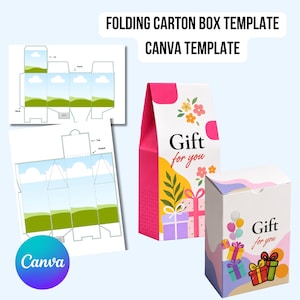 Puede incluir: Un conjunto de diseño digital con una plantilla de caja de cartón plegable para Canva. La imagen muestra dos cajas de regalo ensambladas con gráficos florales y de globos, junto a dos plantillas planas con ilustraciones y el texto Gift for you.