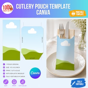 May include: A printable cutlery pouch template for Canva featuring a blue sky, white clouds, and green hills design. The set includes a flat layout with glue markers and a realistic mockup showing a fork and knife inside the folded paper pouch.