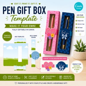 Pode incluir: Um modelo digital de caixa de presente para caneta, incluindo uma caixa rosa com uma etiqueta em forma de coração e uma caixa azul com uma etiqueta em forma de laço. O modelo mostra o layout plano, uma faixa decorativa e o texto Pen Gift Box.