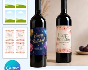 Editable Wine Label Template Canva, Custom Wine Bottle Label, Happy Birthday Wine Label, Printable Wine Sticker, DIY Birthday Gift Label