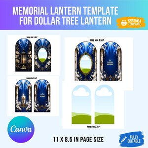Puede incluir: Una plantilla imprimible de linterna conmemorativa para linterna Dollar Tree en una p&aacute;gina de 11 x 8,5 pulgadas. El dise&ntilde;o presenta paneles arqueados con fondos azules, flores blancas, detalles dorados y el texto In Loving Memory. Incluye secciones editables.