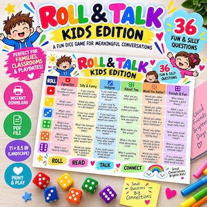 Op de afbeelding: Een Roll & Talk Kids Edition spelblad met een raster van 36 gespreksvragen gecategoriseerd op dobbelsteenworp. De kleurrijke kaart bevat illustraties van kinderen, hartjes en sterren, vergezeld door zes gekleurde dobbelstenen en stiften.