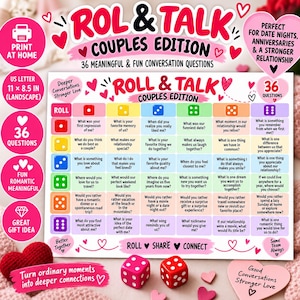 Puede incluir: Una hoja de juego imprimible Roll & Talk Couples Edition con 36 preguntas de conversación organizadas por tiradas de dados. La cuadrícula incluye filas y columnas coloridas con texto, dos dados rojos y corazones rosas en un formato de 27,9 por 21,6 cm.