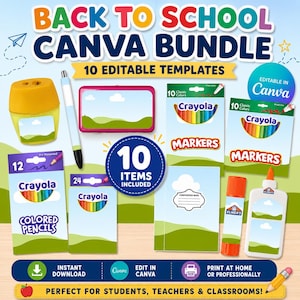 Back to School Canva Template Bundle | School Supply Labels | Editable Pencil Box, Crayon Box, Marker Box, Notebook Cover | 10 Items