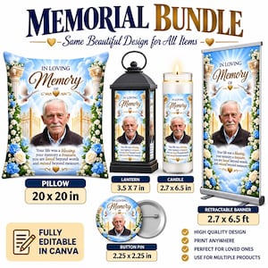 Puede incluir: Un conjunto conmemorativo que incluye cojín, linterna, vela, pancarta retráctil y chapa. Cada artículo muestra la foto de un hombre mayor, cielo azul, palomas blancas y bordes florales con el texto In Loving Memory y un poema.