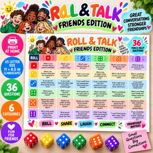 Puede incluir: Un tablero de juego Roll & Talk Friends Edition con una cuadrícula de 6x6 de 36 preguntas de conversación, codificadas por colores según los dados. El tablero incluye ilustraciones de amigos, texto y seis dados coloridos en rojo, amarillo, azul, verde, naranja y morado.