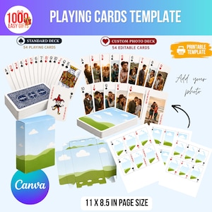 Speelkaartensjabloon voor Canva, speelkaarten met eigen foto, bewerkbaar pokerdeck, 54 kaarten, printbaar kaartspel, doe-het-zelf kaartspel, doos inbegrepen