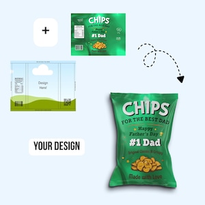 Pu&ograve; includere: Un modello di sacchetto di patatine verde con il testo CHIPS FOR THE BEST DAD, Happy Father's Day, #1 Dad, Original Classic & Crispy e Made with Love. Il design include una grafica di patatine e un'icona a forma di trofeo su sfondo chiaro.
