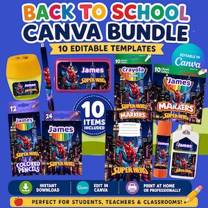 Paquete de Canva de Superhéroes para la Vuelta al Cole | 10 Plantillas Editables para Material Escolar | Etiquetas Personalizadas para Niños | Marcadores, Crayones y Cuadernos