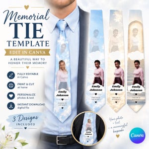 Puede incluir: Una plantilla digital de corbata conmemorativa con tres diseños distintos con fondos de cielo y escaleras. Cada corbata muestra una foto, el nombre Emily Johnson y el texto Forever in our hearts. Se puede editar utilizando Canva.