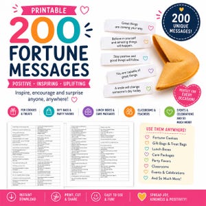 200 messages de fortune à imprimer, à glisser dans des biscuits chinois, des petits mots positifs, des cartes d'encouragement, des cadeaux d'invités (PDF à imprimer).