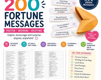 200 afdrukbare gelukswensen, gelukskoekjeskaartjes, positieve briefjes, aanmoedigingskaartjes, afdrukbare PDF-bestanden voor feestcadeautjes