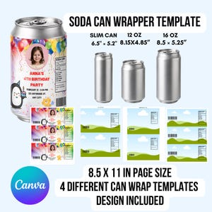 Pode incluir: Um conjunto de modelos de rótulos para latas de refrigerante com balões coloridos, espaço para foto, gráfico de pinguim e informações nutricionais. Inclui três latas prateadas com dimensões de 6,5" x 5,2", 8,15" x 4,85" e 8,5" x 5,25".