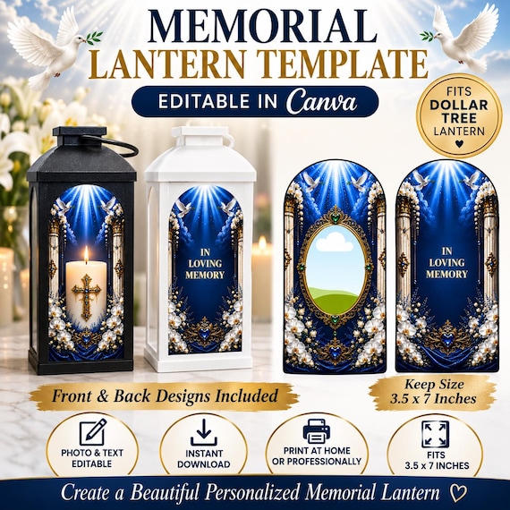 Memorial Lantern Template for Dollar Tree Lantern | Editable Canva Template | Photo Memorial Lantern Insert | Celebration of Life Decor