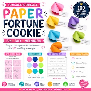 Puede incluir: Un kit de manualidades de galletas de la fortuna de papel, imprimible y editable, con instrucciones, nueve opciones de colores brillantes y 100 mensajes positivos. El conjunto incluye una guía de plegado paso a paso y plantillas de texto.