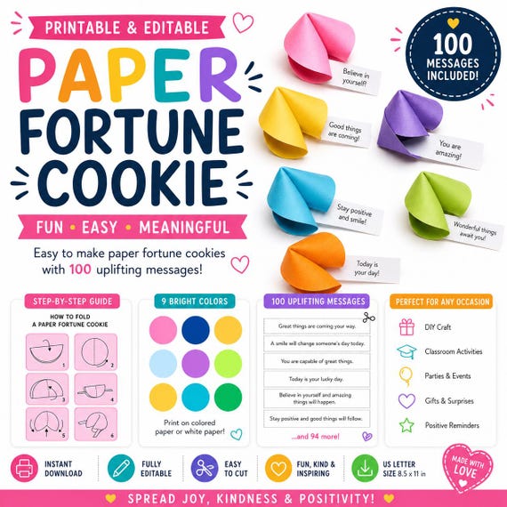 Paper Fortune Cookie Template Bundle, 100 Positive Messages, Printable Fortune Cookies, Canva Editable, DIY Party Craft