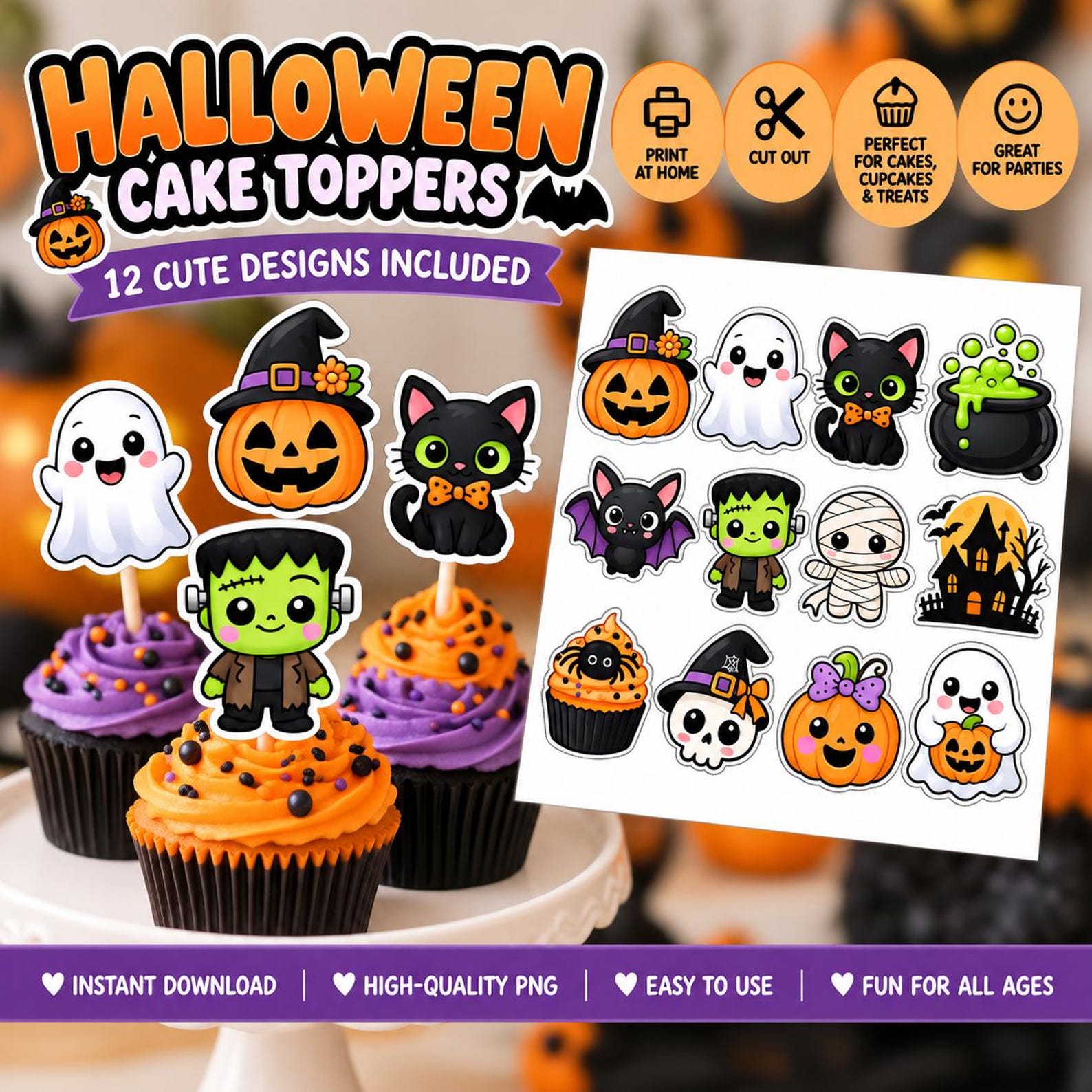 Cheerful Rounded Characters with Bold Faces Printable Halloween topper preview with smiling pumpkins, ghosts, cats, monsters and other characters.