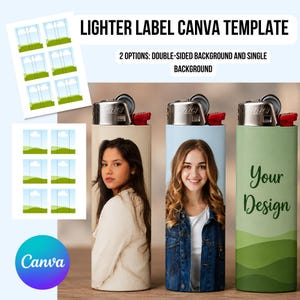 May include: A digital Canva template for lighter labels featuring text that reads LIGHTER LABEL CANVA TEMPLATE and 2 OPTIONS: DOUBLE-SIDED BACKGROUND AND SINGLE BACKGROUND. Three Bic lighters are shown with custom photo and graphic designs.