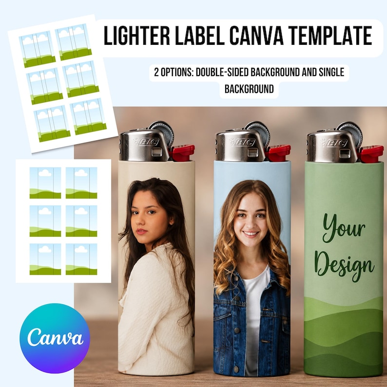 May include: A digital Canva template for lighter labels featuring text that reads LIGHTER LABEL CANVA TEMPLATE and 2 OPTIONS: DOUBLE-SIDED BACKGROUND AND SINGLE BACKGROUND. Three Bic lighters are shown with custom photo and graphic designs.