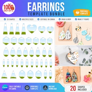 Earring Template Bundle, Canva Editable Earring Templates, Printable Sublimation Earring Shapes, Digital Download, 20 Shapes