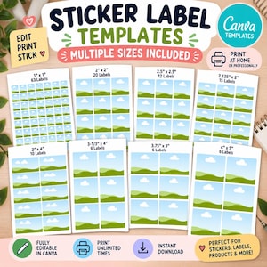 May include: A digital collection of sticker label templates featuring various sizes including 1x1, 2x2, 2.5x2.5, 2.625x2, 2x4, 3.125x4, 3.75x3, and 4x5 inches. Each sheet displays a repeating landscape graphic of green hills and white clouds.