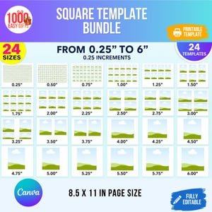 Op de afbeelding: Een digitaal vierkant sjabloonpakket met 24 afdrukbare sjablonen variërend van 0,25 tot 6 inch in stappen van 0,25 inch. De afbeelding bevat de tekst Square Template Bundle, 24 Sizes, 24 Templates en 8,5 x 11 in page size.